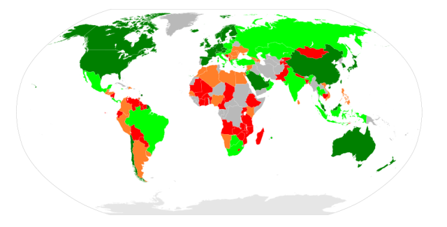 Страны мира, согласно Индексу глобальной конкурентоспособности (зеленый - индекс выше, красный - ниже, серый - не вошли в список)