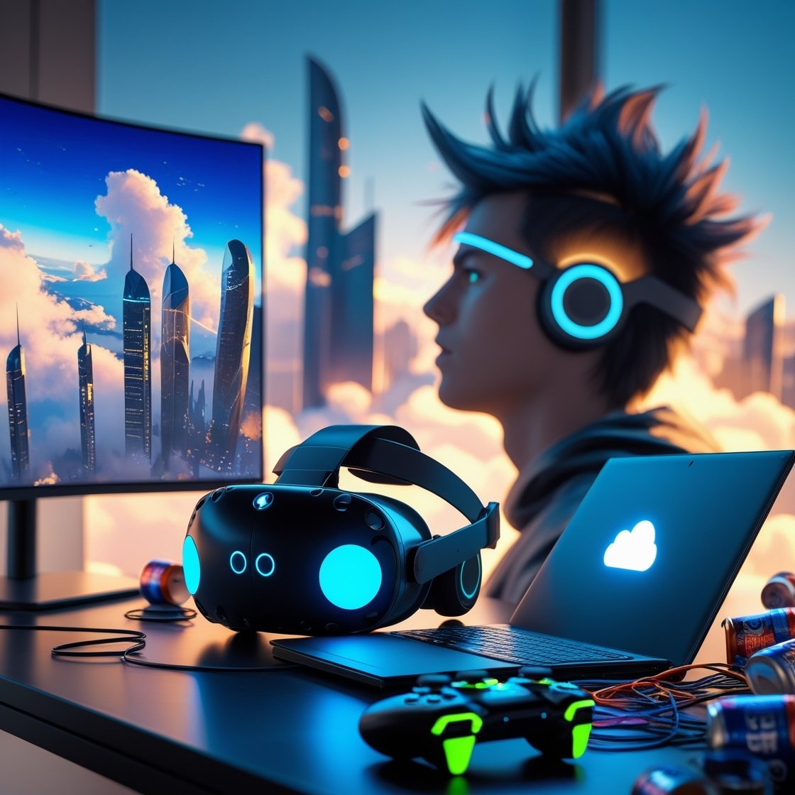 A futuristic gaming setup featuring a sleek, black, and silver VR headset with glowing blue LED lights on the temples, resting on a modern, minimalist desk beside a large, curved gaming monitor displaying a stunning, vibrant cityscape from a popular game, with wispy clouds and sleek skyscrapers, illuminated by a warm, golden light, against a deep blue sky. In the background, a subtle, blurred silhouette of a gamer, with short, spiky, dark hair and pale, glowing skin, eyes fixed intently on the screen, hands grasping a futuristic, ergonomic gaming controller with neon green accents. A thin, silver laptop with a glowing cloud logo on the lid, surrounded by scattered, crumpled sheets of code and empty energy drink cans, sits to the side, connected to the monitor via a tangle of colorful cables, conveying the concept of cloud gaming and the fusion of innovative technology with immersive gaming experiences.