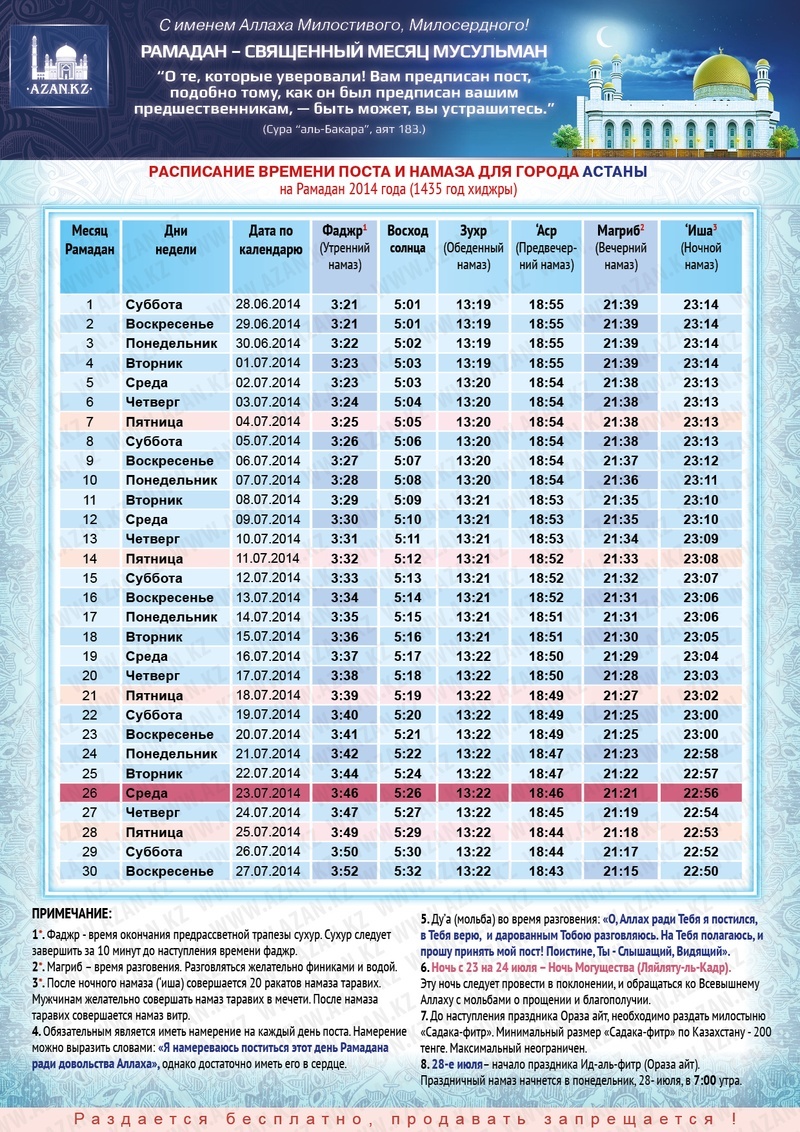 Расписание поста Ораза в 2014 году - Yvision.kz
