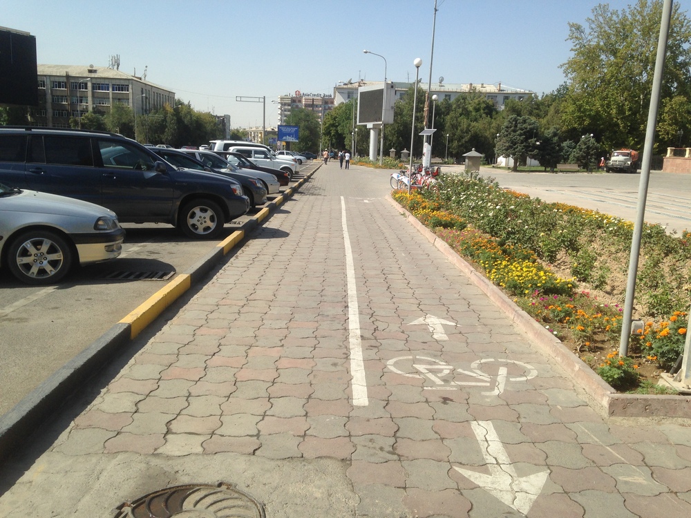 Фото №22. Пл. Аль-Фараби. Велодорожка расположена на тротуаре. Выделена полосами. Работы по велодорожке не ведутся.