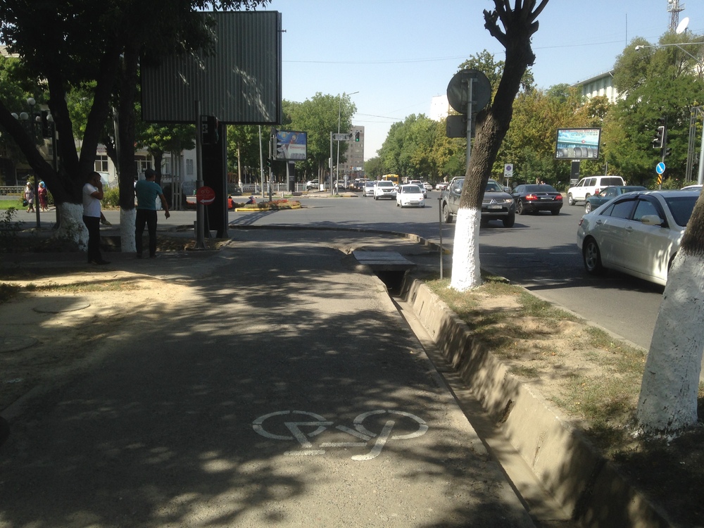 Фото №29. Ул. Желтоксан. Велодорожка проходит по тротуару, не выделена и не закрашена. Работы по велодорожке не ведутся.